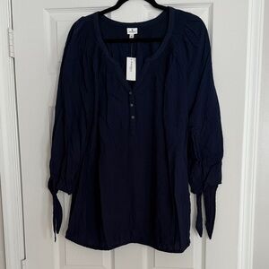 Dressbarn Dark Blue Blouse with Button Accents & Bow Sleeves